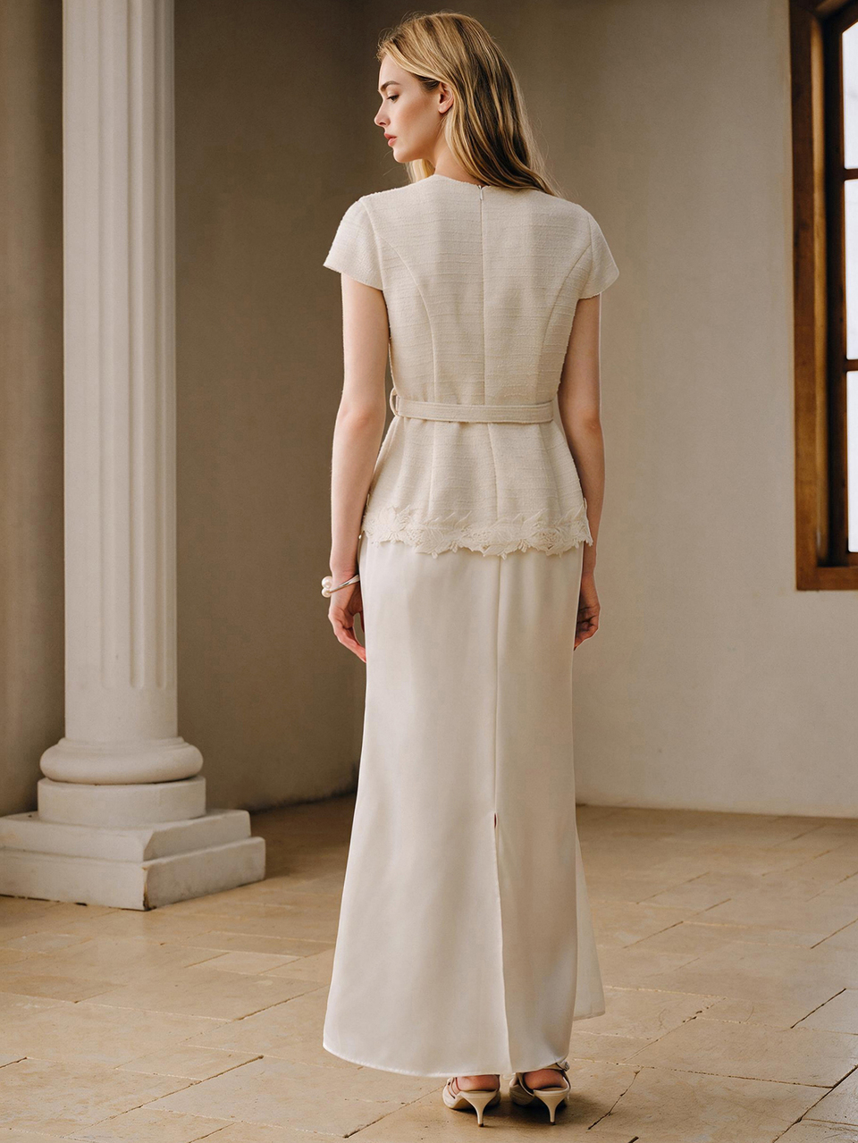 Autumn Beige 2 In 1 Lightweight Dress With Textured Hem, Lace Trim And Belt For Women