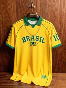Aesthetic Post Men's Brasil No.10 Football Soccer Polo Shirt, World Cup Brazil Flag Fan Jersey, Ideal For Matches, Hangouts, Training & Daily Wear, For Men, Teens - Multicolor - View 6