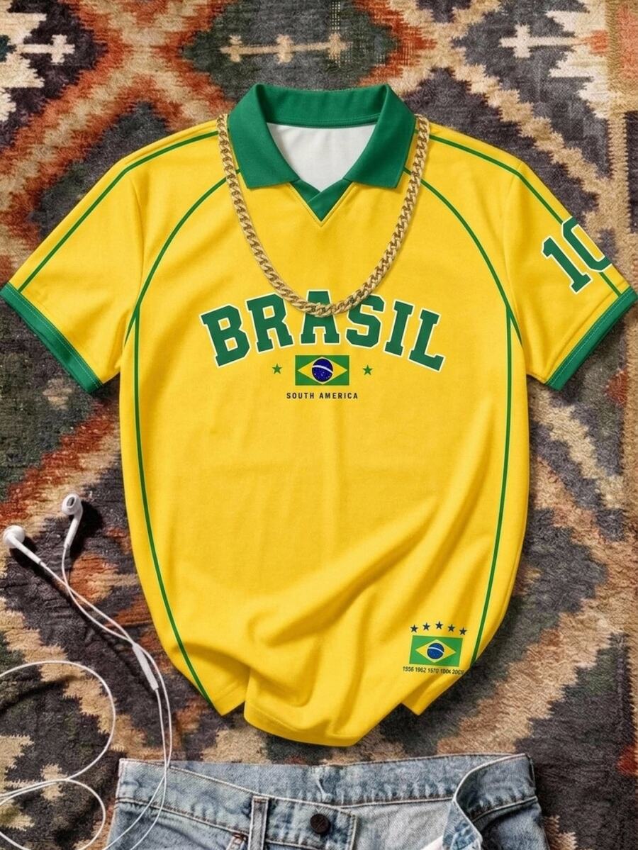 Aesthetic Post Men's Brasil No.10 Football Soccer Polo Shirt, World Cup Brazil Flag Fan Jersey, Ideal For Matches, Hangouts, Training & Daily Wear, For Men, Teens - Multicolor - View 1