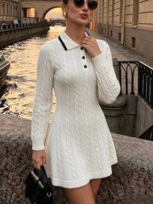 SHEIN PariChic Gaun Rajut Kasual Wanita Motif Blok Warna untuk Sehari-hari - Putih - View 4