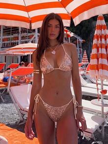 SHEIN Swim Bikini Dua Potong Seksi Berpayet Model Ikat Depan untuk Wanita - Sampanye - View 4