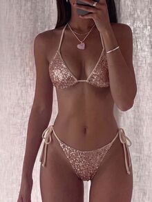 SHEIN Swim Bikini Dua Potong Seksi Berpayet Model Ikat Depan untuk Wanita - Sampanye - View 3