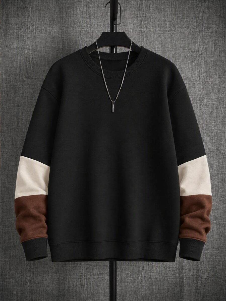 Mainfolk Men's Colorblock Long Sleeve Crew Neck Casual Pullover Sweatshirt,Streetwear,Fleece,Oversized Pullover Halloween Winter Party Autumn - Black - View 1