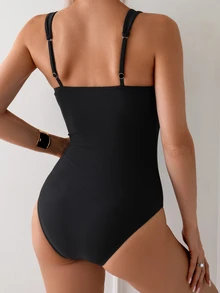 SHEIN Swim Basics Women's Solid Color Ruched Black One-Piece Swimsuit For Summer Beach, Swimwear One Piece Bathing Suit - Black - View 2