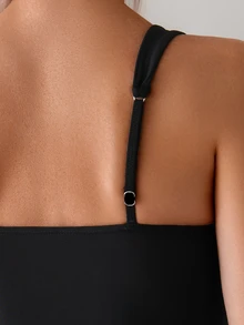 SHEIN Swim Basics Women's Solid Color Ruched Black One-Piece Swimsuit For Summer Beach, Swimwear One Piece Bathing Suit - Black - View 5