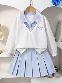 SHEIN Sweatshirt 2 in 1 Gaya Preppy Kasual untuk Anak Perempuan, Musim Semi/Gugur, Motif Garis-garis, Warna Polos, Bahu Longgar, Model Terbaru, dengan Pita dan Rok Lipit Bergaris... - Putih - View 2
