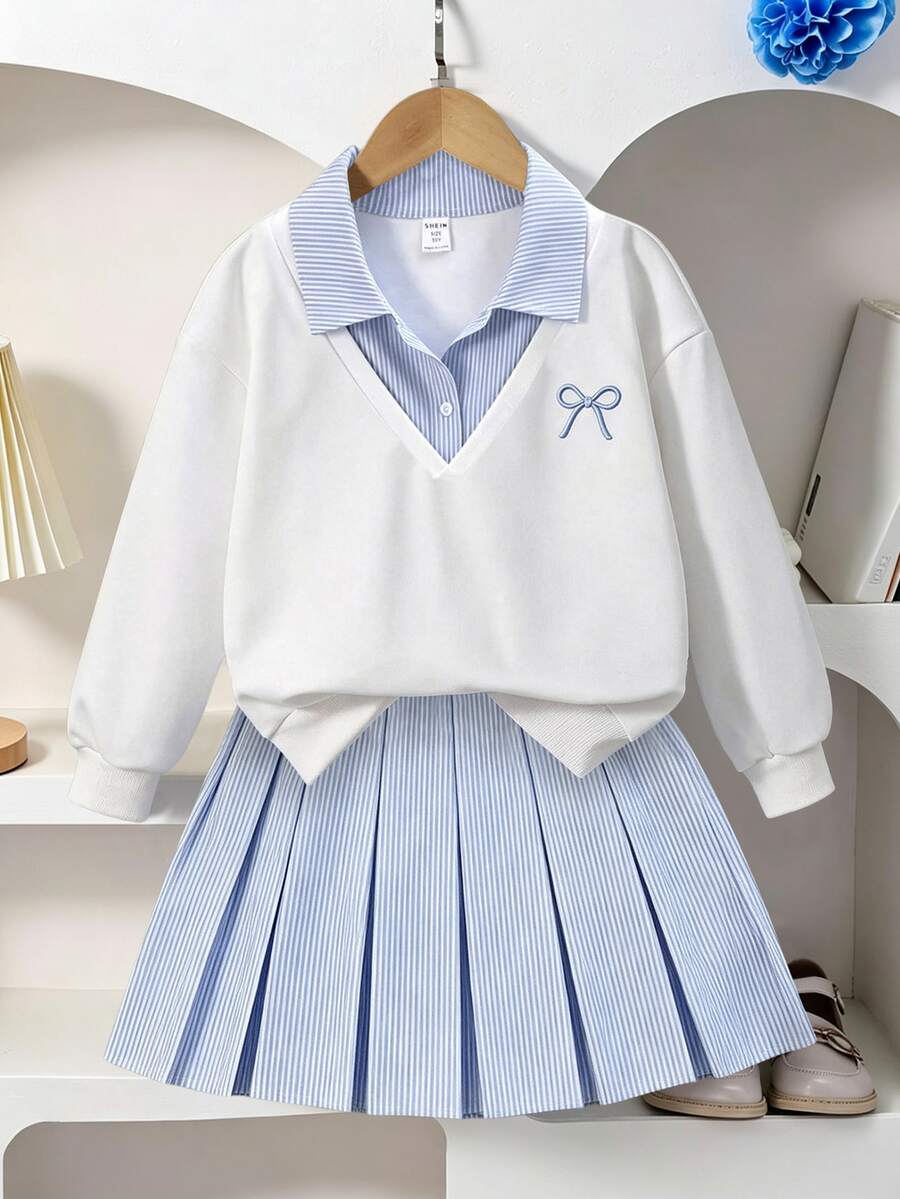 SHEIN Sweatshirt 2 in 1 Gaya Preppy Kasual untuk Anak Perempuan, Musim Semi/Gugur, Motif Garis-garis, Warna Polos, Bahu Longgar, Model Terbaru, dengan Pita dan Rok Lipit Bergaris...