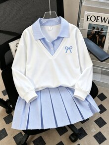 SHEIN Sweatshirt 2 in 1 Gaya Preppy Kasual untuk Anak Perempuan, Musim Semi/Gugur, Motif Garis-garis, Warna Polos, Bahu Longgar, Model Terbaru, dengan Pita dan Rok Lipit Bergaris... - Putih - View 4