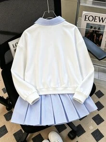SHEIN Sweatshirt 2 in 1 Gaya Preppy Kasual untuk Anak Perempuan, Musim Semi/Gugur, Motif Garis-garis, Warna Polos, Bahu Longgar, Model Terbaru, dengan Pita dan Rok Lipit Bergaris... - Putih - View 3