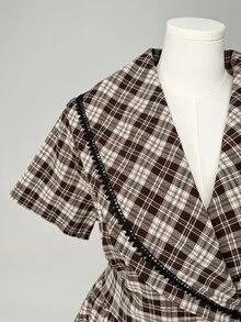 Sweetra Plus Size Fashion Halloween Plaid Vintage 1950s 1920s Pleated Dress Brunch Party Brown Summer - Brown - View 5