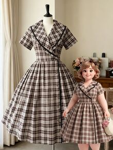 Sweetra Plus Size Fashion Halloween Plaid Vintage 1950s 1920s Pleated Dress Brunch Party Brown Summer - Brown - View 1