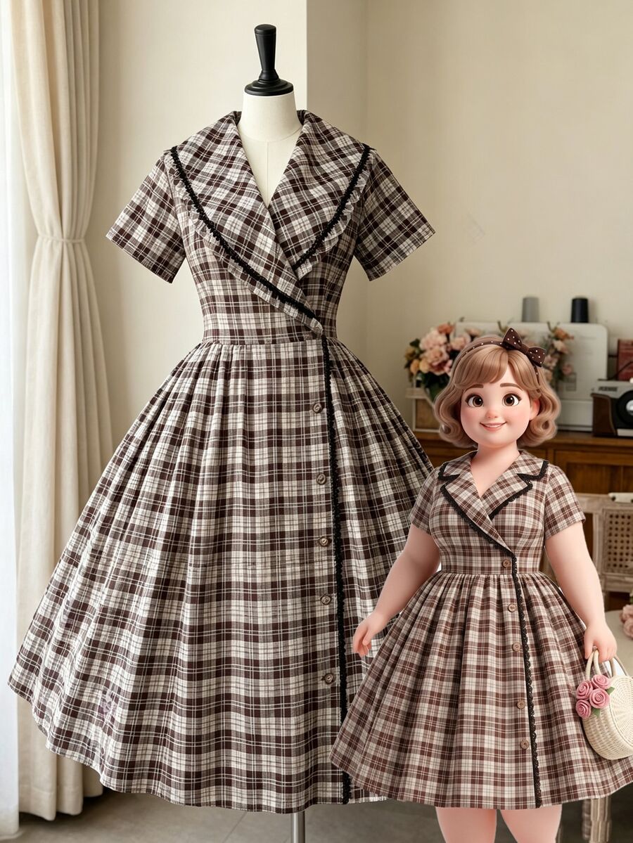 Sweetra Plus Size Fashion Halloween Plaid Vintage 1950s 1920s Pleated Dress Brunch Party Brown Summer - Brown - View 1