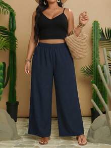 Travachic Plus Size Women Solid Color Loose High Waist Wide Leg Casual Pants - Navy Blue - View 6