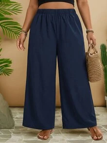 Travachic Plus Size Women Solid Color Loose High Waist Wide Leg Casual Pants - Navy Blue - View 5