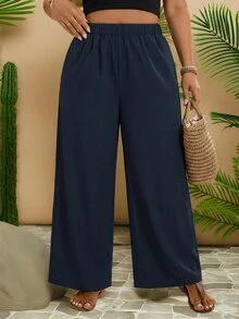 Travachic Plus Size Women Solid Color Loose High Waist Wide Leg Casual Pants - Navy Blue - View 1