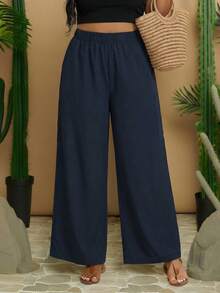 Travachic Plus Size Women Solid Color Loose High Waist Wide Leg Casual Pants - Navy Blue - View 7