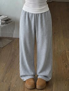SHEIN Vacaura 少女緊身喇叭褲 時尚字母印花休閒運動長褲 日常穿著 - 灰色 - 查看 6