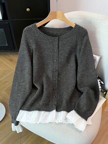 GlowEve CURVE Plus Size Women's Casual Traditional Lace Patchwork Ruffle Long Sleeve Button Round Neck Knit Cardigan Office Formal Grey Autumn Winter - Grey - View 1