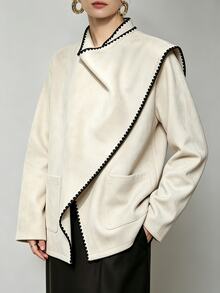SHEIN Women's Elegant Colorblock Shell Trim Asymmetrical Collar Loose Drop Shoulder Casual Jacket - Apricot - View 4