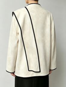 SHEIN Women's Elegant Colorblock Shell Trim Asymmetrical Collar Loose Drop Shoulder Casual Jacket - Apricot - View 2