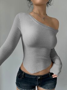SHEIN Unity Asymmetrical Neck Hanky Hem Crop Sweater Going Out Light Grey Autumn Sexy Casual - Grey - View 3