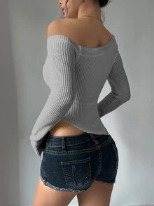 SHEIN Unity Asymmetrical Neck Hanky Hem Crop Sweater Going Out Light Grey Autumn Sexy Casual - Grey - View 2