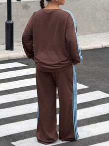 Muchica Plus Size Women's Side Stripe Sweatshirt And Sweatpants Casual 2 Pieces Set Fall - Brown - View 2