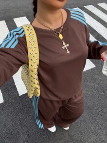 Muchica Plus Size Women's Side Stripe Sweatshirt And Sweatpants Casual 2 Pieces Set Fall - Brown - View 7