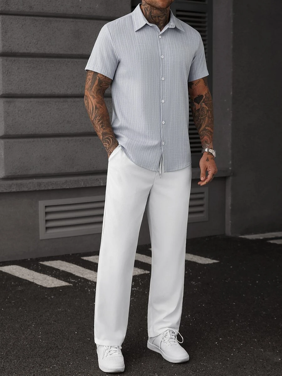 Manfinity CasualCool Men's Striped Short Sleeve Shirt And Long Pants Set - Blue - View 1