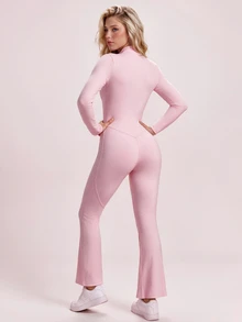 SHEIN Sovereign Charm Women's Solid Color Casual Daily Travel Sports Jumpsuit - Pink - View 3