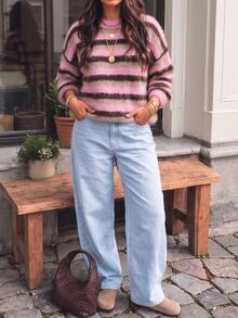 SHEIN Glamour Women's Round Neck Long Sleeve Striped Color Block Alpaca Wool Sweater - Multicolor - View 10