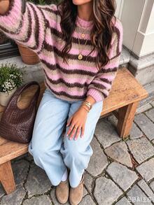 SHEIN Glamour Women's Round Neck Long Sleeve Striped Color Block Alpaca Wool Sweater - Multicolor - View 9