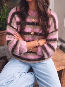 SHEIN Glamour Women's Round Neck Long Sleeve Striped Color Block Alpaca Wool Sweater - Multicolor - View 8