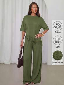 Aloruh Setelan 2 Potong Wanita: Atasan dan Celana Panjang Motif Renda untuk Sehari-hari, Kasual. - Hijau Tentara - View 5