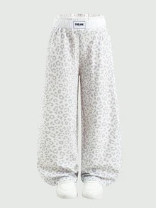 SHEIN 1件青少年女孩春秋新款休閒簡約梭織豹紋收腰寬腿長褲，適合日常穿著、外出與度假 - 灰色 - 查看 7
