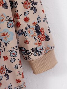 SHEIN Girls' Hooded Thick Fleece Vintage Floral Mid-Length Autumn/Winter Jacket - Khaki - View 6