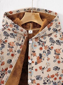 SHEIN Girls' Hooded Thick Fleece Vintage Floral Mid-Length Autumn/Winter Jacket - Khaki - View 7