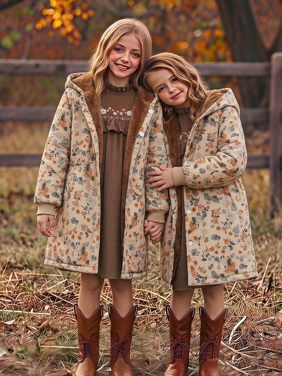 SHEIN Girls' Hooded Thick Fleece Vintage Floral Mid-Length Autumn/Winter Jacket - Khaki - View 1