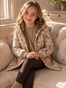 SHEIN Girls' Hooded Thick Fleece Vintage Floral Mid-Length Autumn/Winter Jacket - Khaki - View 3