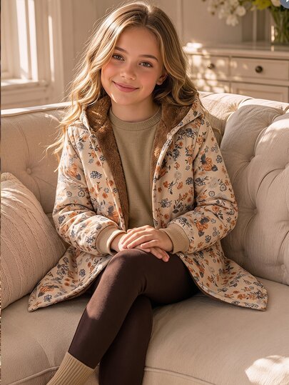 SHEIN Girls' Hooded Thick Fleece Vintage Floral Mid-Length Autumn/Winter Jacket