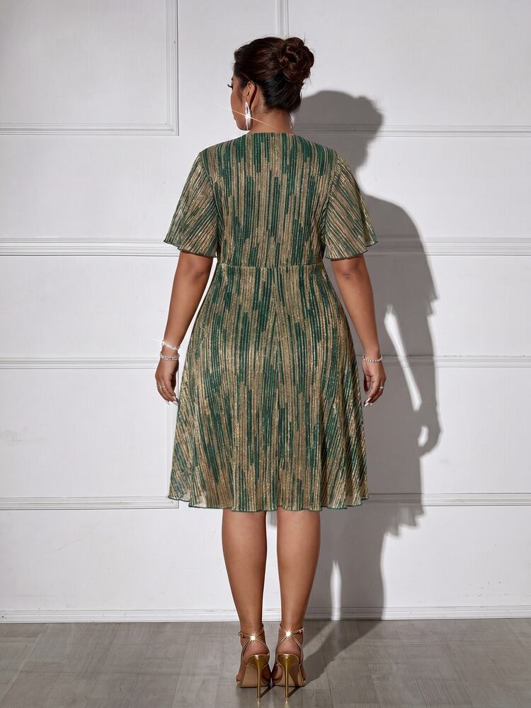 Femmeverse Plus Size Women V-Neck Color Block Casual Party Dress - Dark Green - View 2