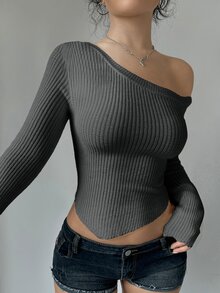 SHEIN Unity Asymmetrical Neck Hanky Hem Crop Sweater - Grey - View 7