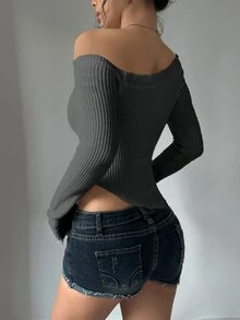 SHEIN Unity Asymmetrical Neck Hanky Hem Crop Sweater - Grey - View 2