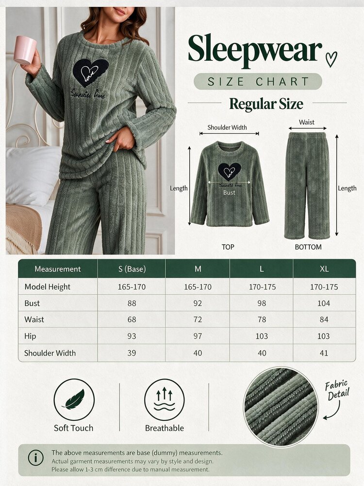 SHEIN Cottnline Women Plush Fuzzy Mint Green Heart Emboridery Long Sleeved&Pants Homewear Comfort Warm Pajama Set - Mint Green - View 3