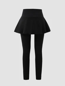 SHEIN 少女酷感休閒百搭優雅二合一裙褲，適合春秋冬季穿著，完美適用於學校、假期與外出 - 黑色 - 查看 3