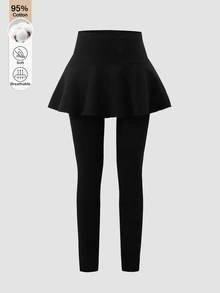SHEIN 少女酷感休閒百搭優雅二合一裙褲，適合春秋冬季穿著，完美適用於學校、假期與外出 - 黑色 - 查看 4