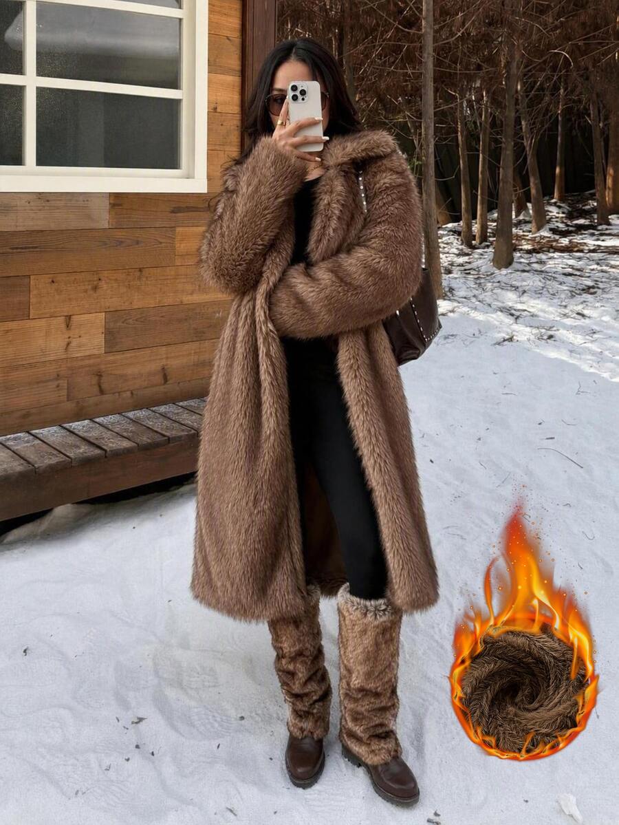 SHEIN PETITE Mantel Musim Dingin Wanita Model Baru Warna Cokelat Bulu Imitasi Panjang Sedang dengan Kerah - MultiWarna - View 1