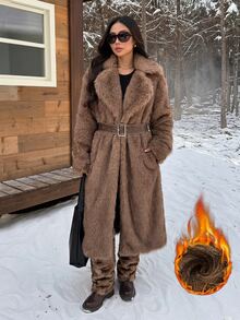 SHEIN PETITE Mantel Musim Dingin Wanita Model Baru Warna Cokelat Bulu Imitasi Panjang Sedang dengan Kerah - MultiWarna - View 2
