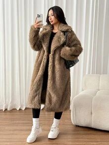 SHEIN PETITE Mantel Musim Dingin Wanita Model Baru Warna Cokelat Bulu Imitasi Panjang Sedang dengan Kerah - MultiWarna - View 8