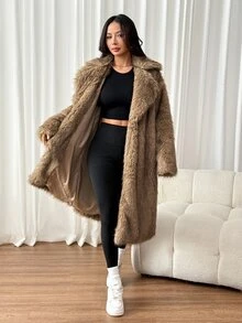 SHEIN PETITE Mantel Musim Dingin Wanita Model Baru Warna Cokelat Bulu Imitasi Panjang Sedang dengan Kerah - MultiWarna - View 9